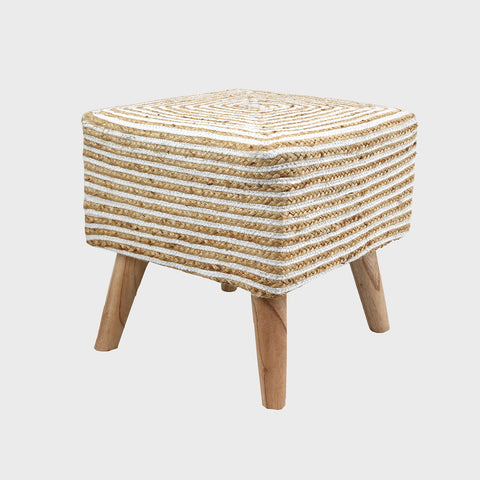JUTE WHITE SQUARE WOODEN PUFFY STOOL